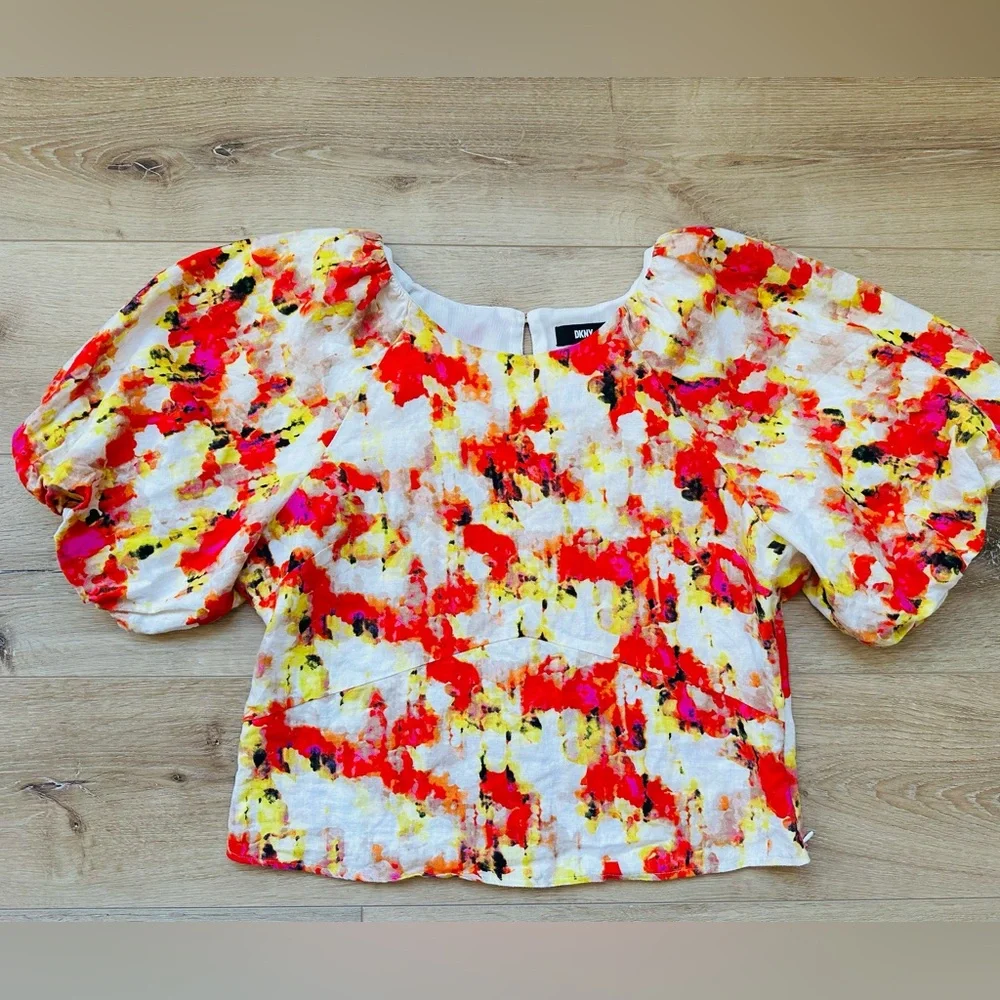 Dkny Puff Sleeve linen Blouse M - Picture 2 of 10